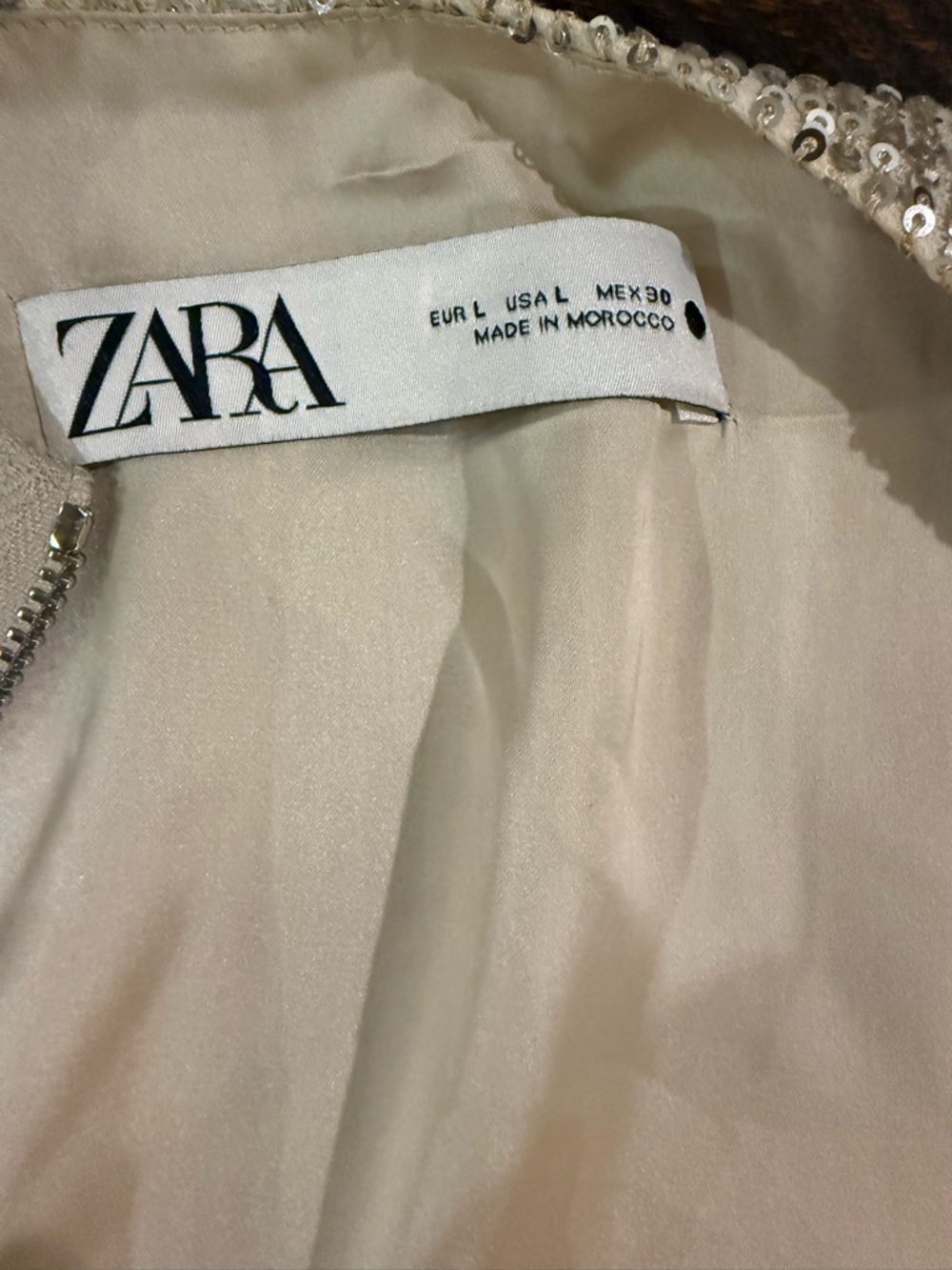 Zara Silver Sequin Bomber Jacket Champagne Zip Front L - Picture 2 of 12